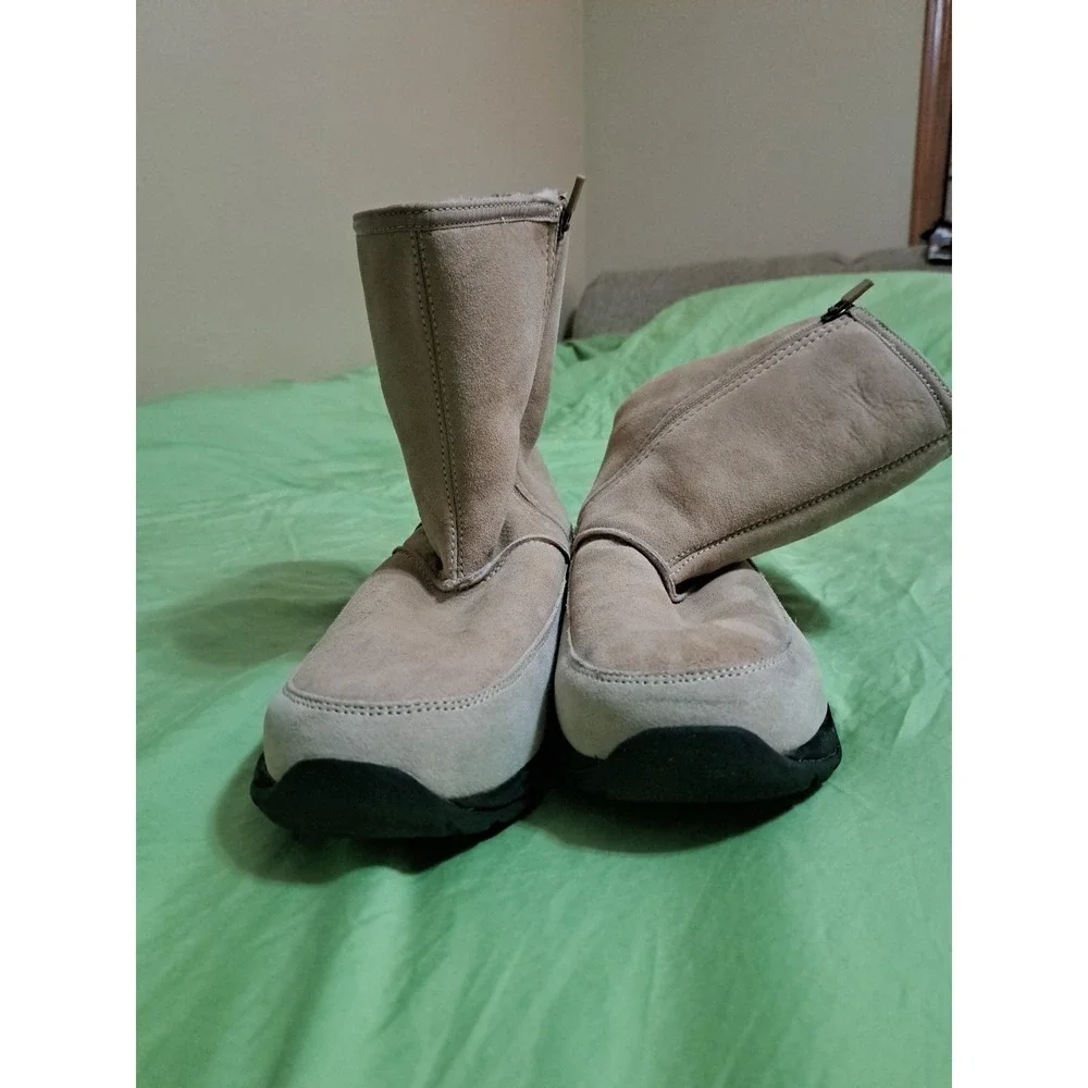 Land's End Women's Beige Suede Leather Winter Fur Zipper Snow Boots # 94434 11 B